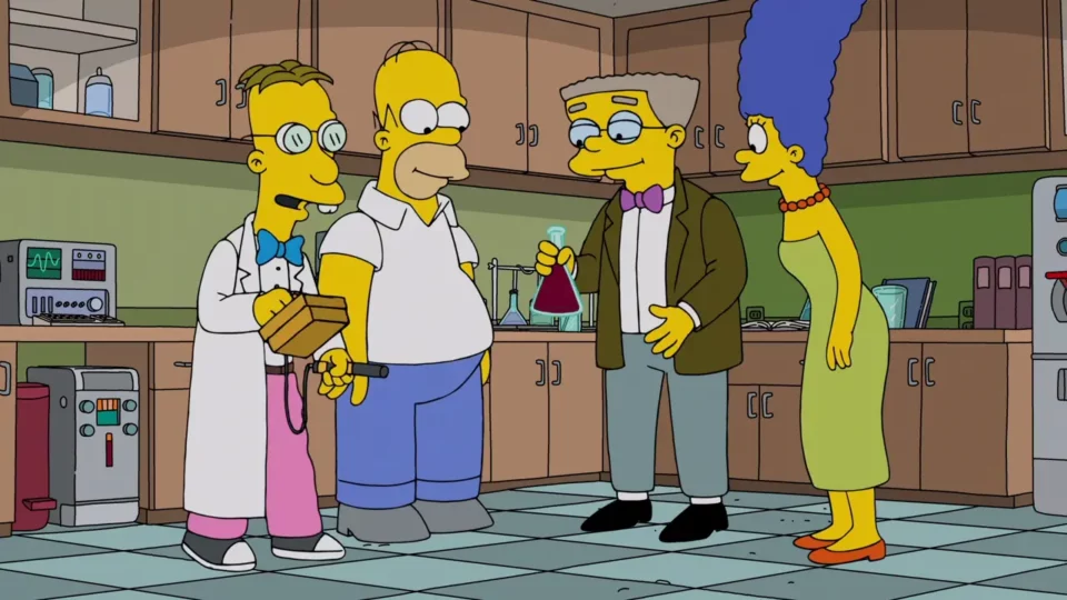 Homer, Marge et Smithers demande au professeur Frink de reproduire un vin prestigieux